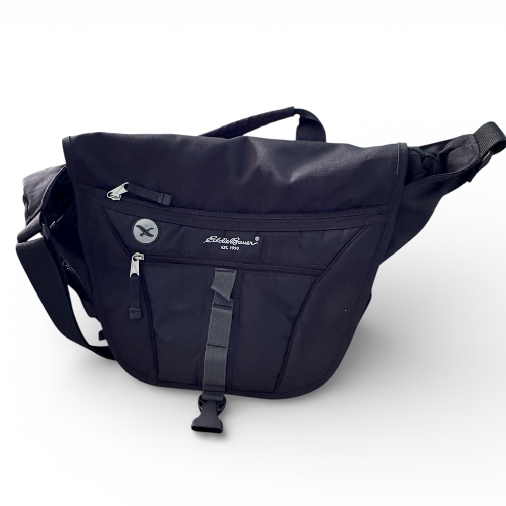Eddie Bauer Laptop Messenger Bag Black Canvas Shoulder Strap Pockets 15.5”
